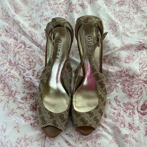 Guess Tan Patterned Peep Toe Heels